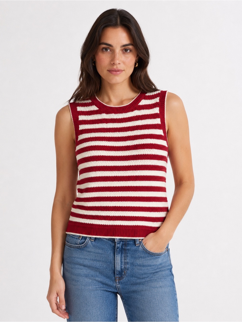 Striped Knit Sleeveless Top in Red and white